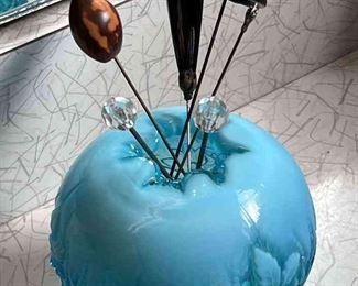 Hat Pins A Blue Glass Holder