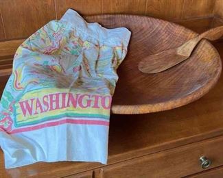 Large Wooden Bowl And Vintage Apron