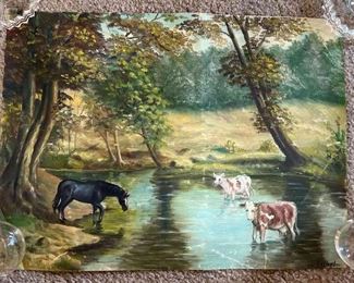 Original Gallagher Horse And Cows Painting On Canvas