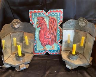 Tin Cut Wall Sconces, Jai Ma Original Carved Rooster Plaque
