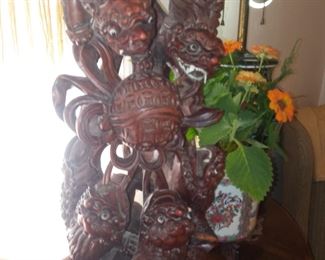 Large!!!!  hand carved Chinese Rosewood Foo Dog statue glass eye. Bone teeth. 