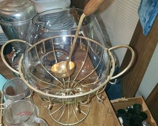 Large Retro punch bowl with stand and unique ladle...