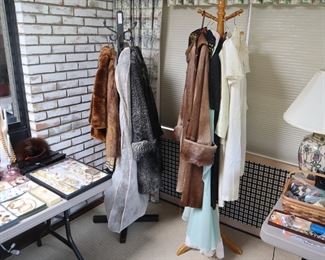 Mink coat ($450), Persian lamb coat ($100),  Burberry skirt, vintage dresses ($10-25 each)