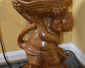 Vintage Wood Carved Boy Holding a Grape Bowl