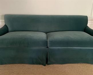 Stormy Ocean Blue Velvet Upholstered Down-Filled Sofa Purchased At The Merchandise Mart. Measures 84" W x 38" D. Photo 1 of 4.