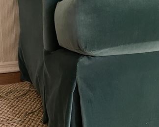 Stormy Ocean Blue Velvet Upholstered Down-Filled Sofa Purchased At The Merchandise Mart. Measures 84" W x 38" D. Photo 2 of 4.