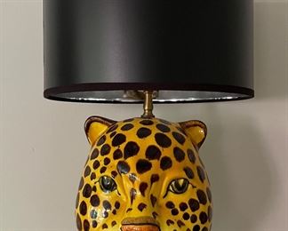 Italian Painted Ceramic Cheetah Head Table Lamp. Measures 20" H x 8" D. Photo 1 of 2.