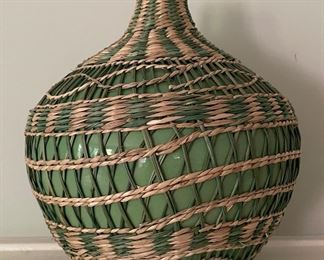 Rattan Wrapped Green Ceramic Vase.