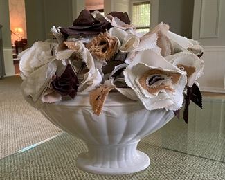 Fabric Topiary in White Porcelain Urn. Measures 17" W x 16" H. Photo 1 of 2.