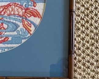Framed Needlepoint Koi Fish in Faux Bamboo Frame. Measures 20" x 20." Photo 2 of 2.