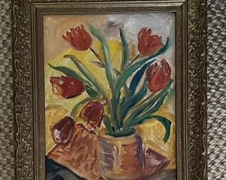 Tulip Still Life. Oil on Canvas. Signed on Back By Artist, Dot Buchan. Measures 11" x 16;" 16" x 20" with Frame. Photo 1 of 2.