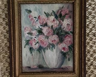 Peony Still Life. Oil on Canvas. Signed by Artist. Measures 6.5" x 8.5;" 9.5" x 12" Framed. Photo 1 of 2.