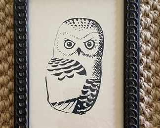 Owl Lithograph. Signed & Numbered. Measures 5.5" x 8." Framed.