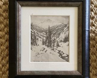 Original Print. Winter Landscape. Signed By Artist. Measures 4" x 5."