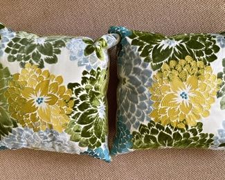 Floral Velvet Damask Down-Filled Pillows. Each Measures 18" x 18."