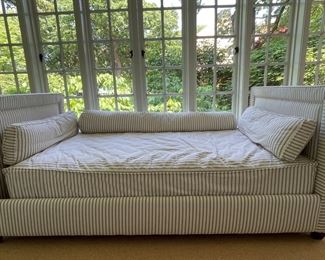 French Ticking Upholstered Day Bed with Bolsters. Does Have Evidence of Some Cat Scratch Activity. Measures 82” W x 42” D. Photo 1 of 4.