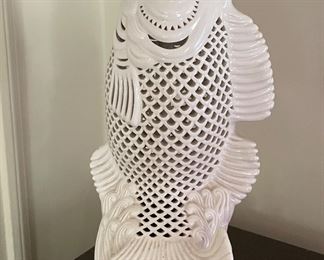 Reticulated Blanc de Chine Koi Fish Table Lamp with Ebony Shade. Measures 23" H. Photo 2 of 4.