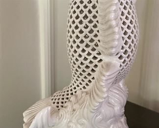 Reticulated Blanc de Chine Koi Fish Table Lamp with Ebony Shade. Measures 23" H. Photo 3 of 4.