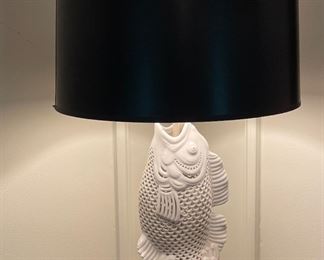 Reticulated Blanc de Chine Koi Fish Table Lamp with Ebony Shade. Measures 23" H. Photo 1 of 4.