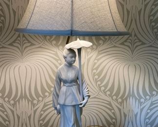 Visual Comfort Blanc de Chine Sculptural Asian Woman Table Lamp with White Shade. Measures 27" H. Photo 1 of 2.
