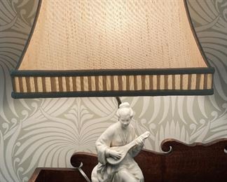Visual Comfort Blanc de Chine Sculptural Asian Woman Table Lamp with White Shade. Measures 29" H. Photo 1 of 2.