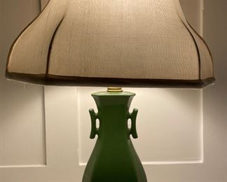 Pair of Vintage Green Ceramic Table Lamps on Brass Vase. Each Measures 24" H. Photo 1 of 2.