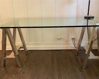 Glass Top Desk with Crome "Saw Horse" Legs. Measures 72" W x 36" D x 31" H. Photo 1 of 4.