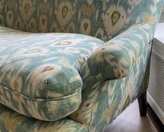 Aqua Ikat Upholstered Down-Filled Seat Settee. Measures 64” W x 32” D. Photo 2 of 2.
