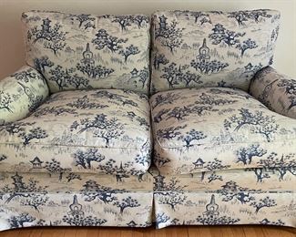 Sherrill Loveseat With Down Filled Cushions Upholstered in Pagoda Toile Fabric. Does Show Signs Of Catch Scratches But Not Visible When Unless “Floated.” Measures 62” W x 40” D. Photo 1 of 3.