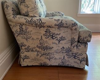 Sherrill Loveseat With Down Filled Cushions Upholstered in Pagoda Toile Fabric. Does Show Signs Of Catch Scratches But Not Visible When Unless “Floated.” Measures 62” W x 40” D. Photo 3 of 3.