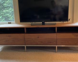 Teak & Metal Modern Three-Drawer Media Cabinet / Bench. Measures 65" W x 19" D x 28" H.