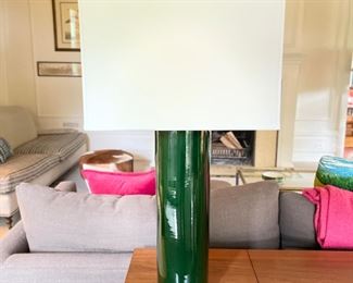 Green Lacquer Cylinder-Style Table Lamp with Brass Base - 2 Available. Each Measures 36" H.