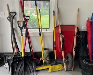 Shovels, Brooms, Wheel Barrels and Portable Chairs.