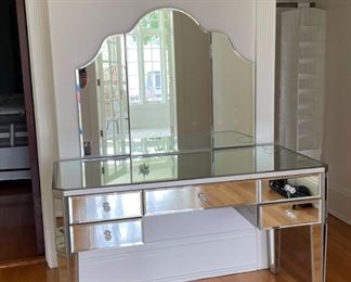 Mirrored Glass Vanity (Had Crack On Upper Right Corner Top). Measures 49" W x 23" D x 60" H.