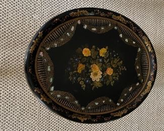 Antique Paper Mache Occasional Table with Ebonized Faux Bamboo Frame. Measures 30" x 24" x 21" H. Photo 3 of 4.