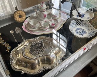 Yves St. Laurent bracelet, sterling vegetable dish, Herend coffee set, Meissen reticulated bowl and Royal Copenhagen bowl