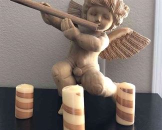 Wooden Cupid With Flute And Candles