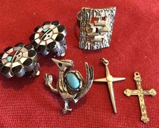 Southwest Kachina Earrings, Silver Cross, Ring, Pin, Sterling Cross