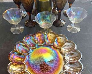 Amber Carnival Glass Platter And Glasses