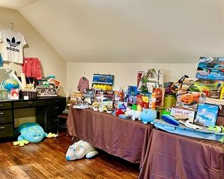 LARGE KID'S ROOM FULL OF FUN TOYS AND BOOKS.