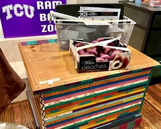 REALLY COOL TRUNK OR COFFEE TABLE.  LOVE THE DIFFERENT COLOR BANDS.  FUN!