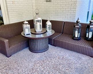 LARGE OUTDOOR ALL-WEATHER WICKER SECTIONAL AND FIREPIT.