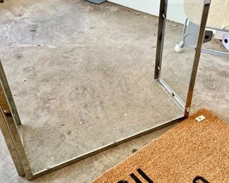 CHROME AND GLASS MODERN FIREPLACE SCREEN.