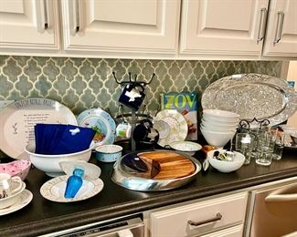 PRETTY KITCHEN WITH WILTON ARMETALE, NAMBE, RAE DUNN PLATTER, MCKENZIE CHILD'S CHILD SET.