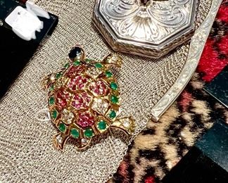 STERLING FLAPPER PURSE.  GEM STUDDED STERLING TURTLE.