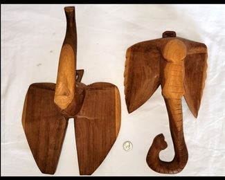 2 Carved Wooden Elephant Heads