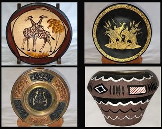 Wooden Bowl, Small Elephant Plate, Small Brass and Copper Plate and Pretty Little Pottery Pc 