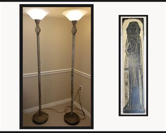 Pair of Attractive Floor Lamps and Carved Plaque