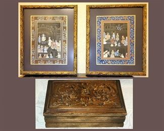 Pair of Pretty Prints and Carved Document Box