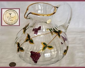 Large Romanian Crystal Pitcher with Grapes and Leaves 